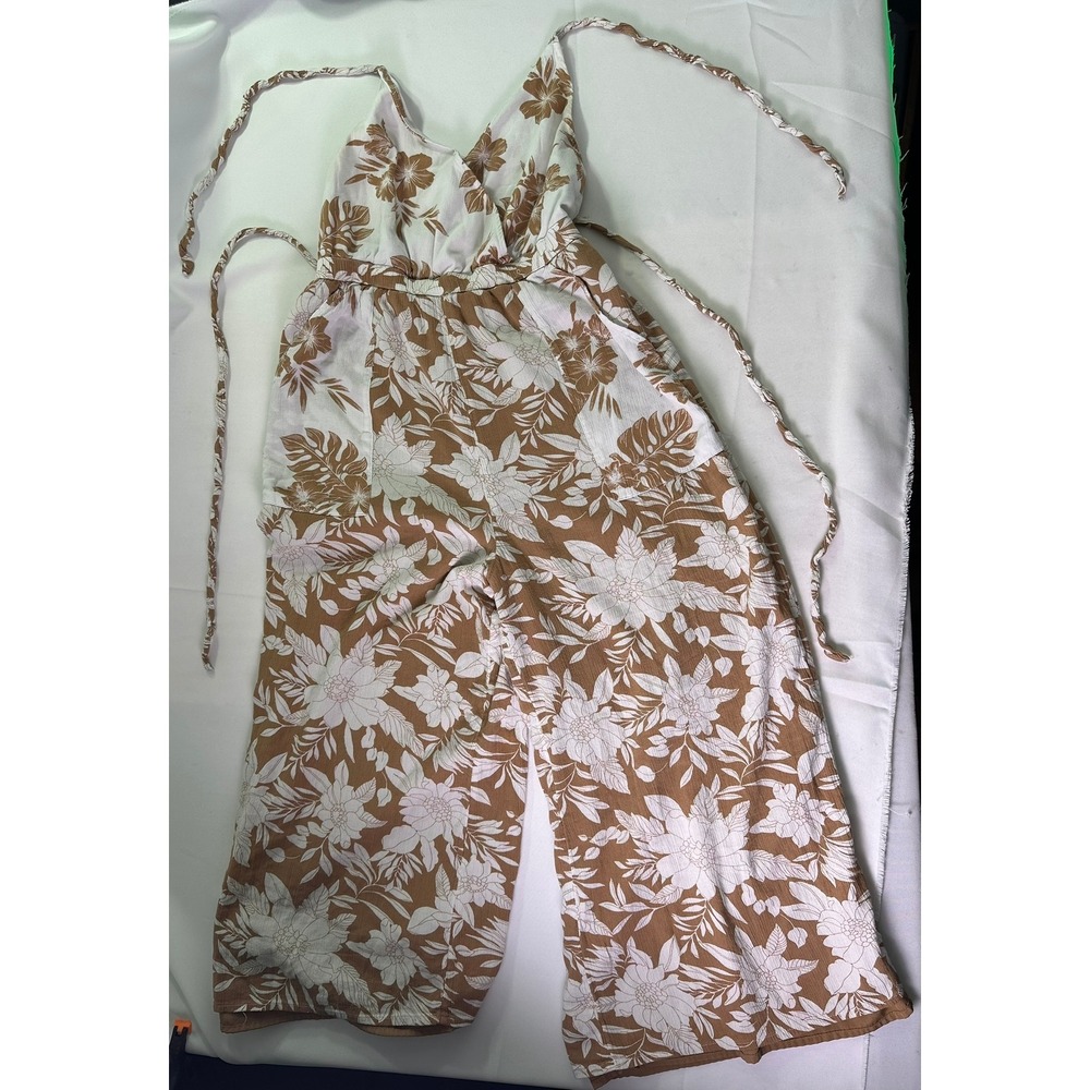 American Eagle Floral Jumpsuit Medium Petite MP Brown Boho Wide Leg Halter‎ Wrap